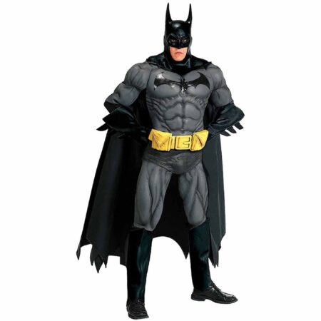 Official Licensed Batman Collectors Edition Costume. Grey and black fitted costume with dark shadow contours creating a sculpted muscle illusion for the wearer. Costume is complete with black pointed ear hood, black flowing cape, and batman insignia across the chest. Costume also has yellow belt.