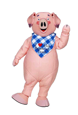 Mascot of Mercy Watson the Pig wearing pancake bib bandana. Costume created by Costume Specialists
