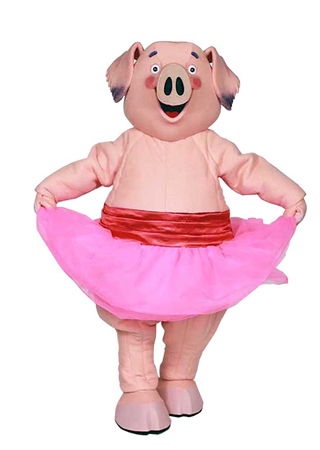 A custom mascot by Costume Specialists of a pig named Mercy Watson wearing a tutu.