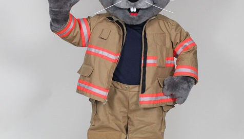 Mascot Costume by Costume Specialists of a Mouse wearing a Full Fire Fighter Kit