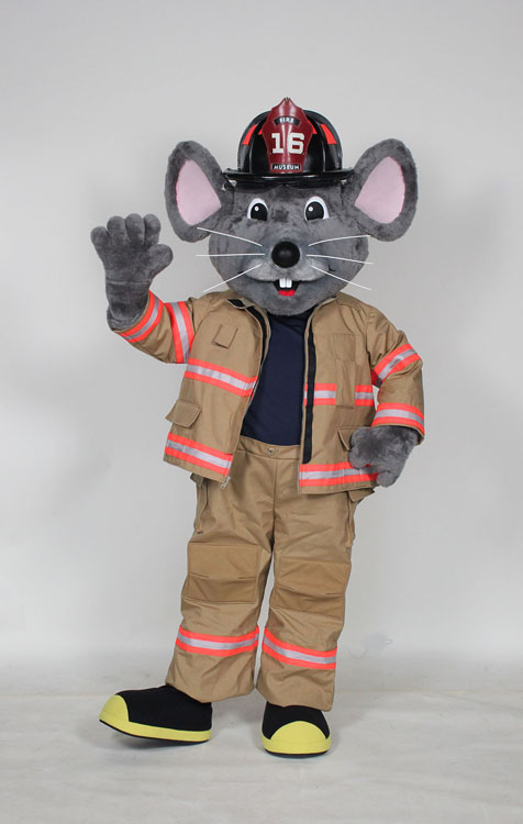 Mascot Costume by Costume Specialists of a Mouse wearing a Full Fire Fighter Kit