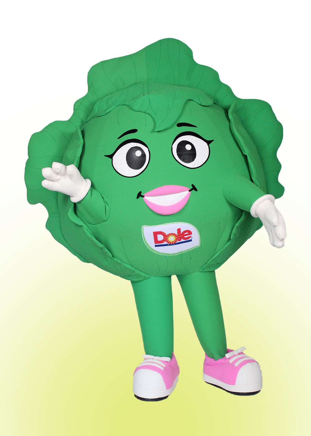 Mascot Costume of the Lucy Lettuce Character for Dole. Mascot is shaped like a large Head of Lettuce with cheerful face and a Dole Tag.