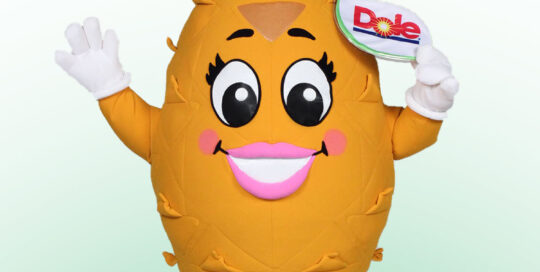 Mascot Costume of the Pinellopy Character for Dole. Mascot is shaped like a large pineapple with pineapple with green leaves on top and a Dole Tag.
