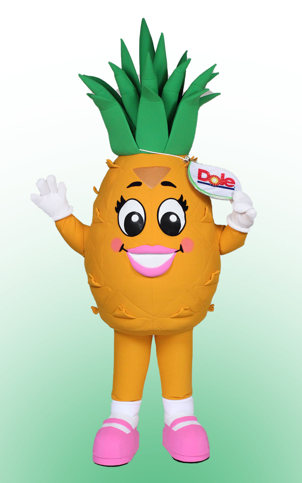 Mascot Costume of the Pinellopy Character for Dole. Mascot is shaped like a large pineapple with pineapple with green leaves on top and a Dole Tag.