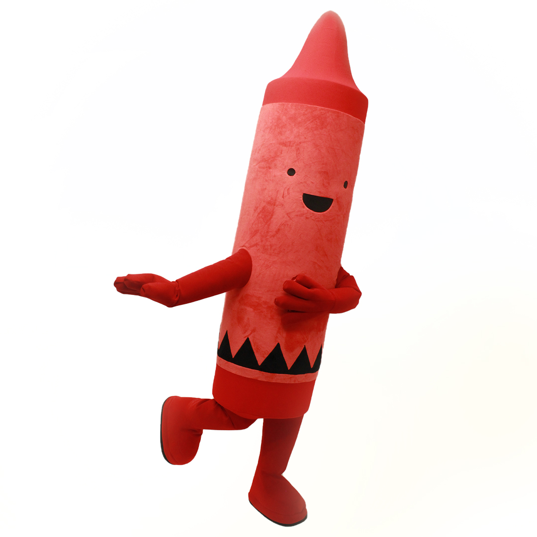 Inflatable Custom Mascot of a Red Crayon from the book bestselling book The Day the Crayons Came Home by Drew Daywalt. Mascot created by Costume Specialists