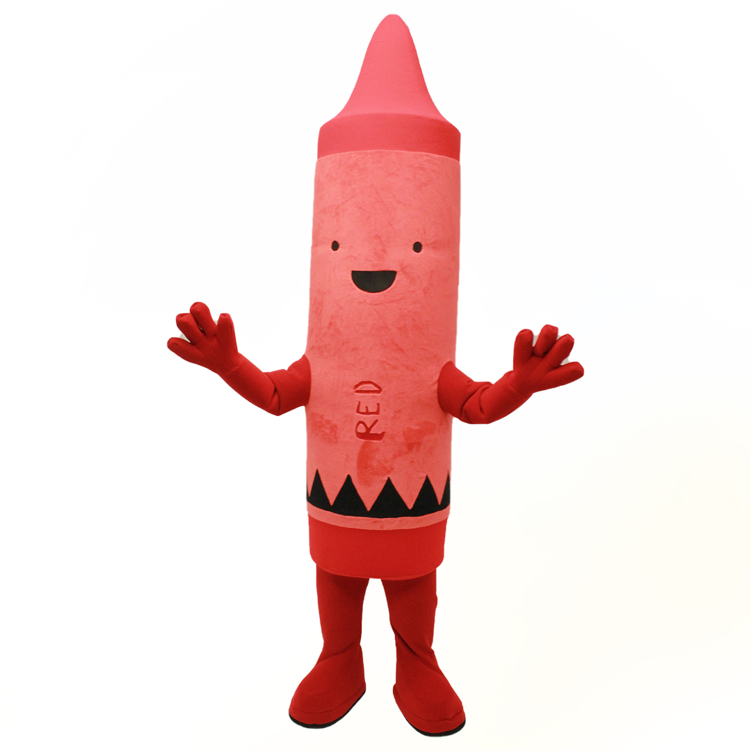 Inflatable Custom Mascot of a Red Crayon from the book bestselling book The Day the Crayons Came Home by Drew Daywalt. Mascot created by Costume Specialists