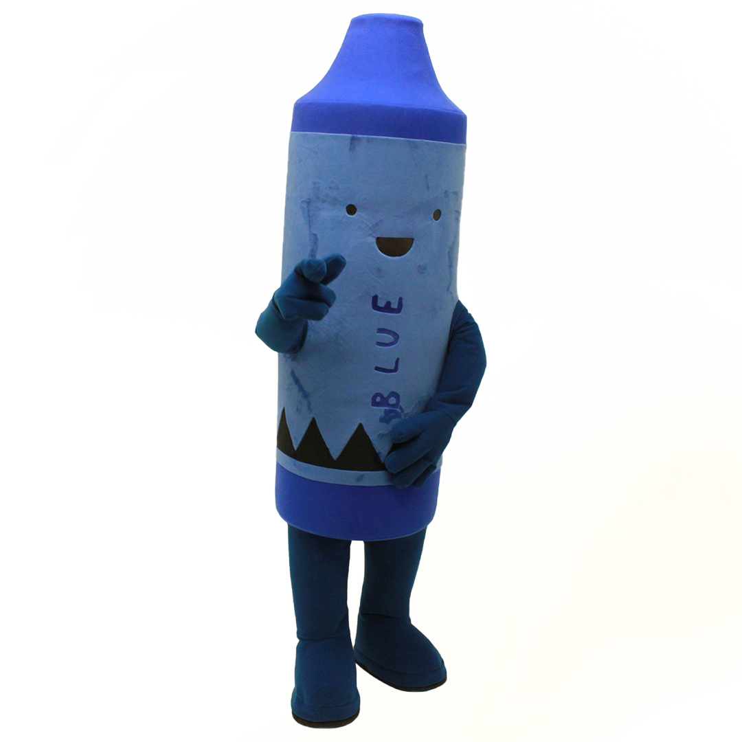 Inflatable Custom Mascot of a Stubby Blue Crayon from the book bestselling book The Day the Crayons Came Home by Drew Daywalt. Mascot created by Costume Specialists