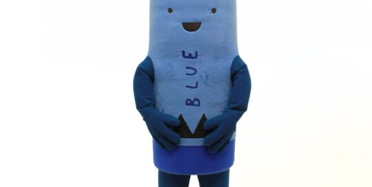 Inflatable Custom Mascot of a Stubby Blue Crayon from the book bestselling book The Day the Crayons Came Home by Drew Daywalt. Mascot created by Costume Specialists