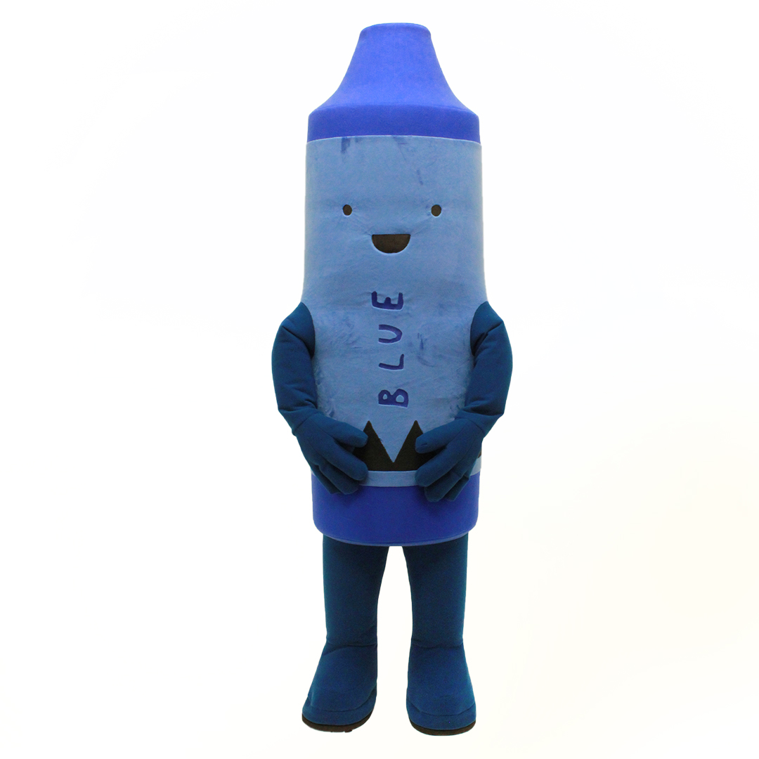 Inflatable Custom Mascot of a Stubby Blue Crayon from the book bestselling book The Day the Crayons Came Home by Drew Daywalt. Mascot created by Costume Specialists