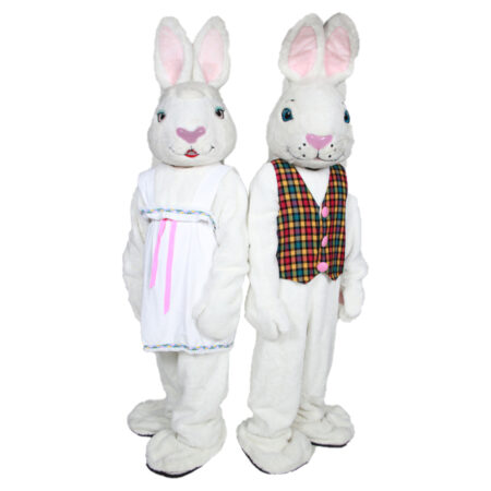 Mr. and Mrs. White Bunny mascot costume rental from Costume Specialists