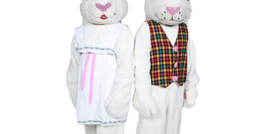 Mr. and Mrs. White Bunny mascot costume rental from Costume Specialists